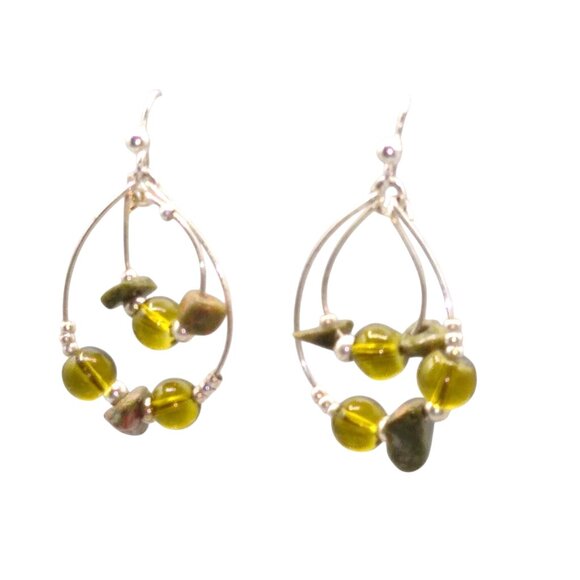 Concentric Ovals Hoop Earrings in Silver Tone and Green with Unakite Jasper Ston - Picture 3 of 4